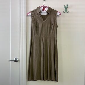 T Tahari Sleeveless Collared Linen A-Line Dress in Olive Green